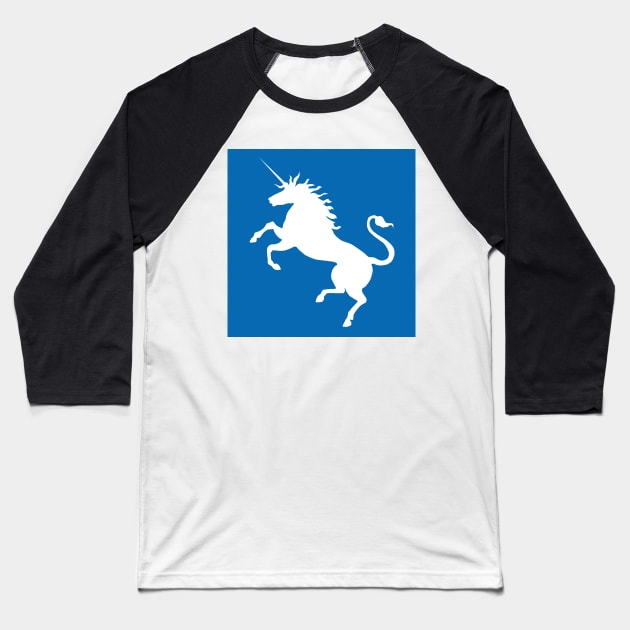 White Coloured Rearing Scottish Unicorn On Saltire Blue Background Baseball T-Shirt by MacPean